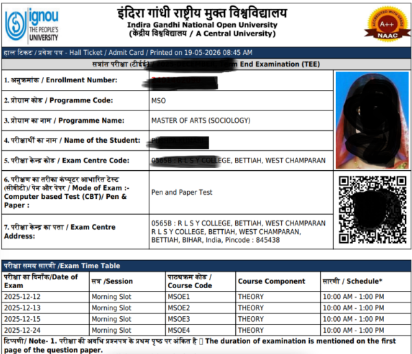 IGNOU Hall Ticket June 2026